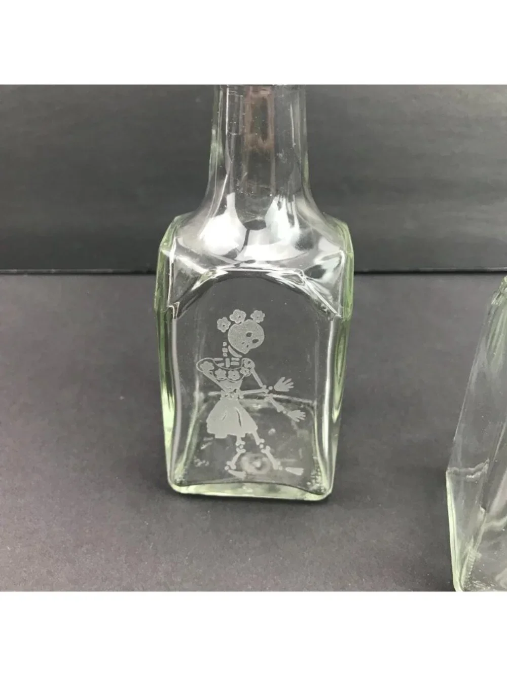 Skeleton Etched Glass Oil Vinegar Halloween Dispensers Bottles Metal Set Of 2